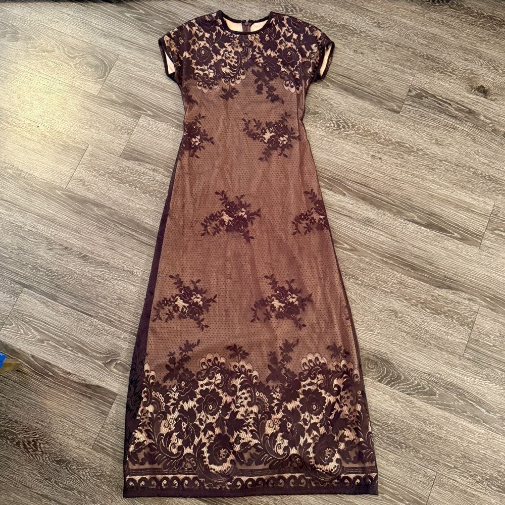 Jeffrey & Dara Vintage 90s Short Sleeve Brown Lace Maxi Gown